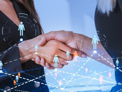 Two businesswomen shaking hands, glowing hologram of people network and connection, double exposure, recruitment and communication. Concept of signing a contract